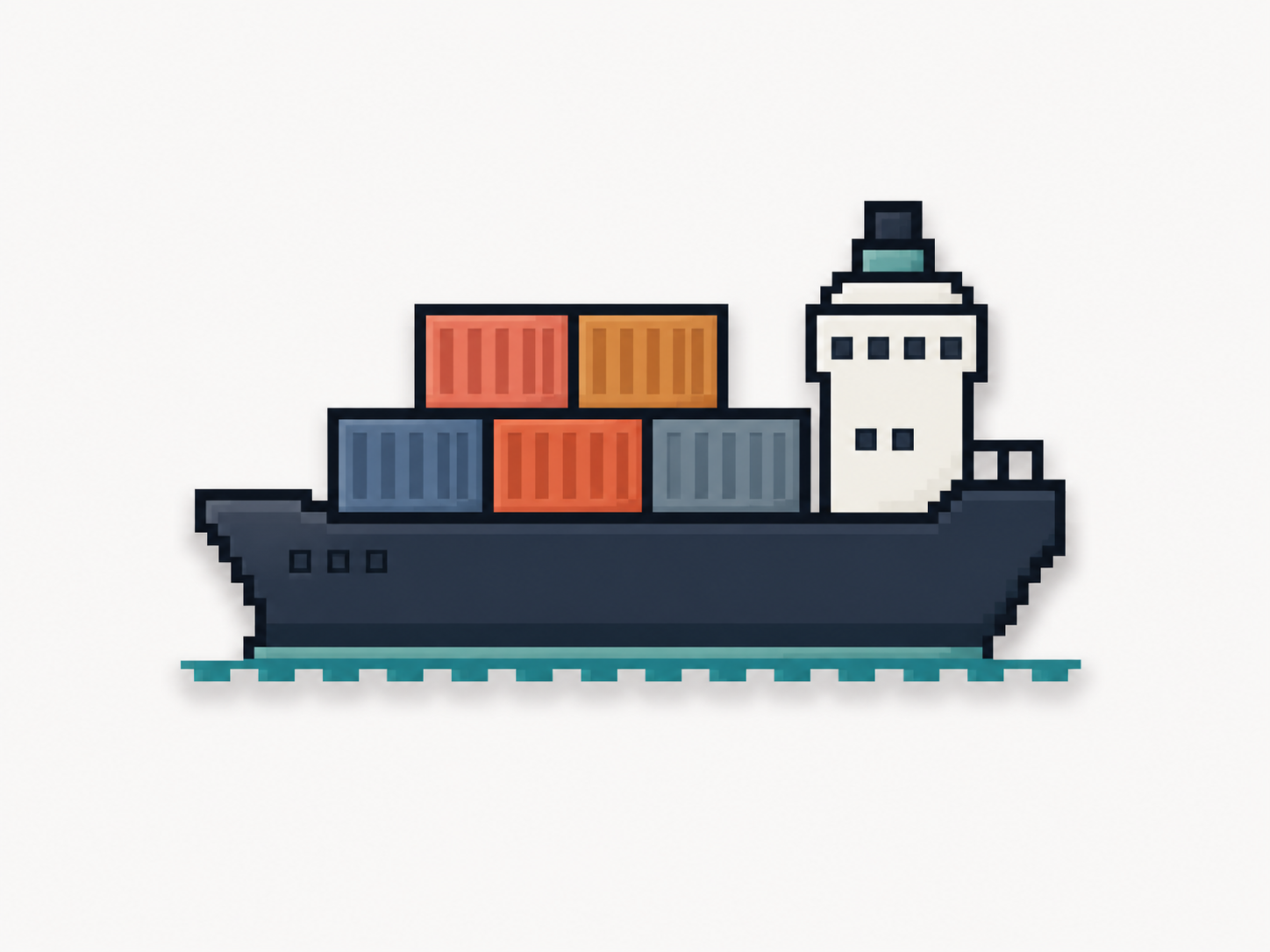 Pixel-art cargo ship with a deep navy hull, colorful containers, and teal water